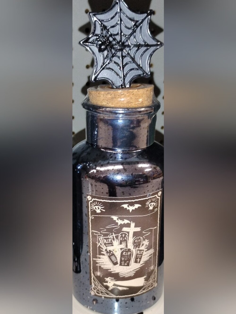 Halloween Black Apothecary Bottle with Spiderweb Stopper
